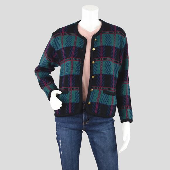 Tally-Ho Sweaters - Tally-Ho Vintage 80s Plaid Cardigan, Black & Green, Women's Medium